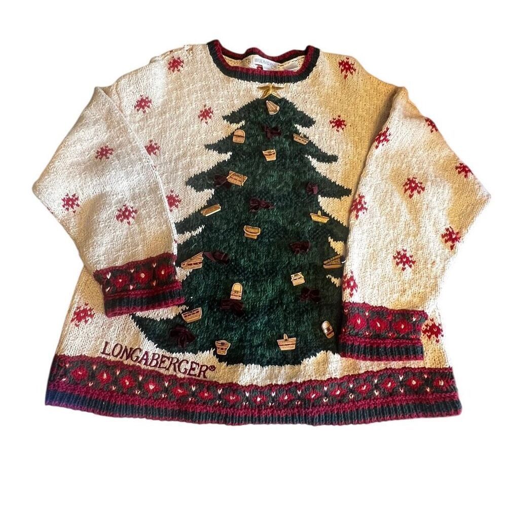 Heirloom Longaberger baskets vintage ugly Christmas sweater 1Xl handknit *flaw*